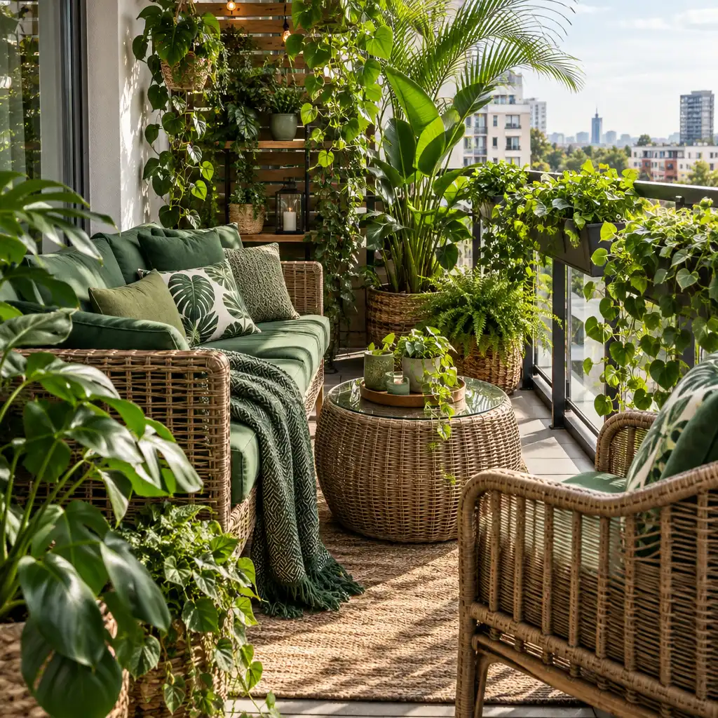 Balkon w stylu miejskiej dżungli z meblami z technorattanu i dużą ilością roślin