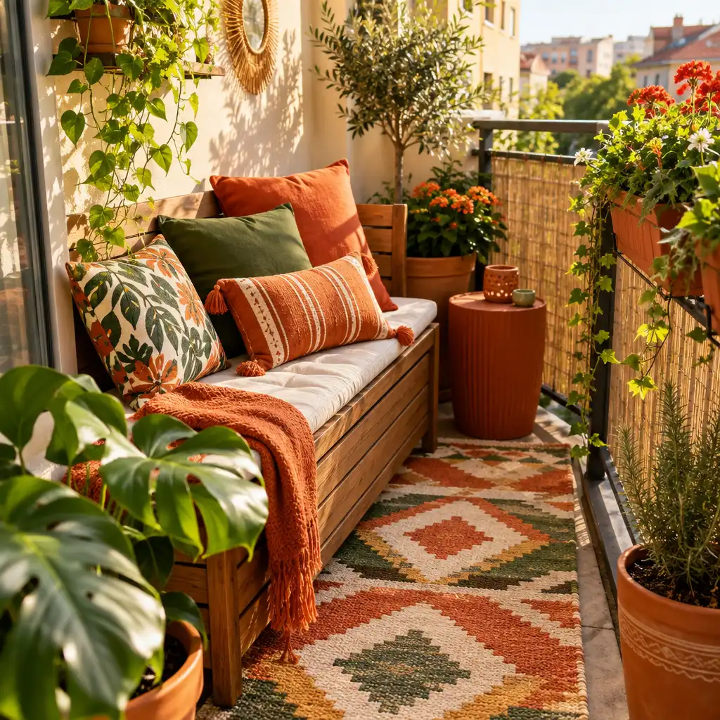 Mały balkon z kolorowymi poduszkami na ławce i geometryczną matą