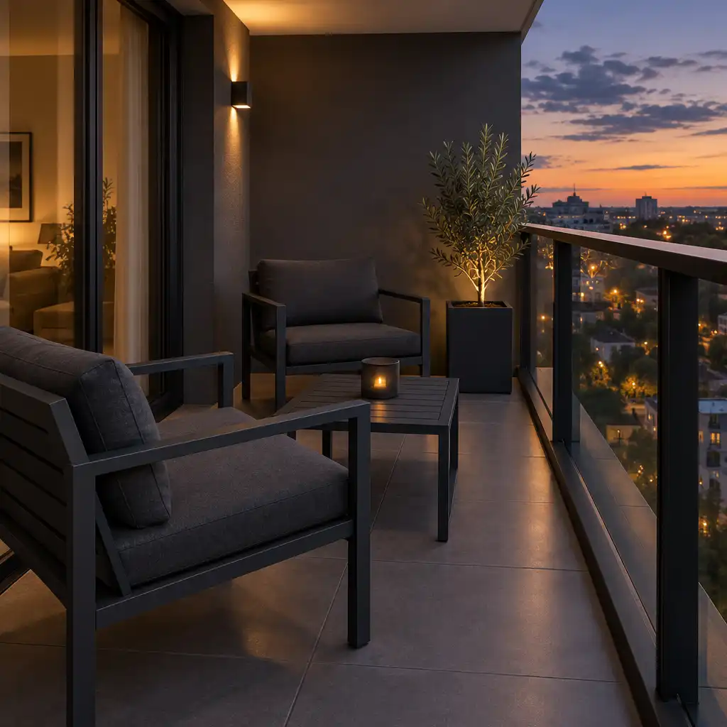 Nowoczesny balkon z meblami aluminiowymi w kolorze grafitowym i minimalistyczną aranżacją