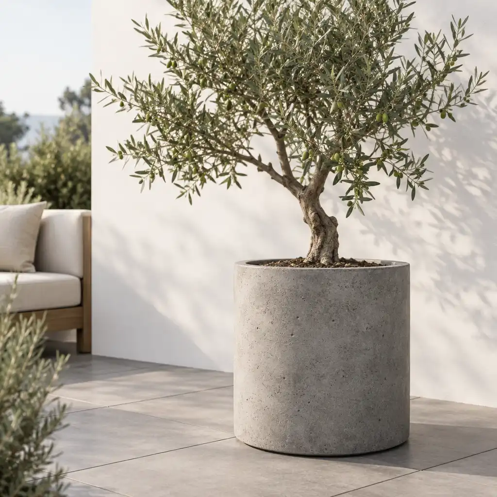 Różne donice ceramiczne i z tworzywa w odcieniach bieli, terakoty i oliwki z roślinami