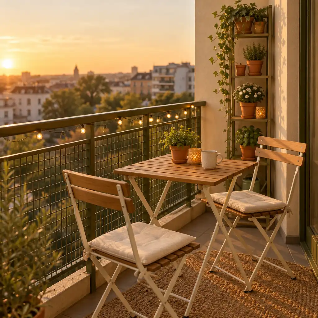 Mały, dobrze zorganizowany balkon miejski o złotej godzinie ze składanym stolikiem, krzesłami, donicami i ciepłym oświetleniem