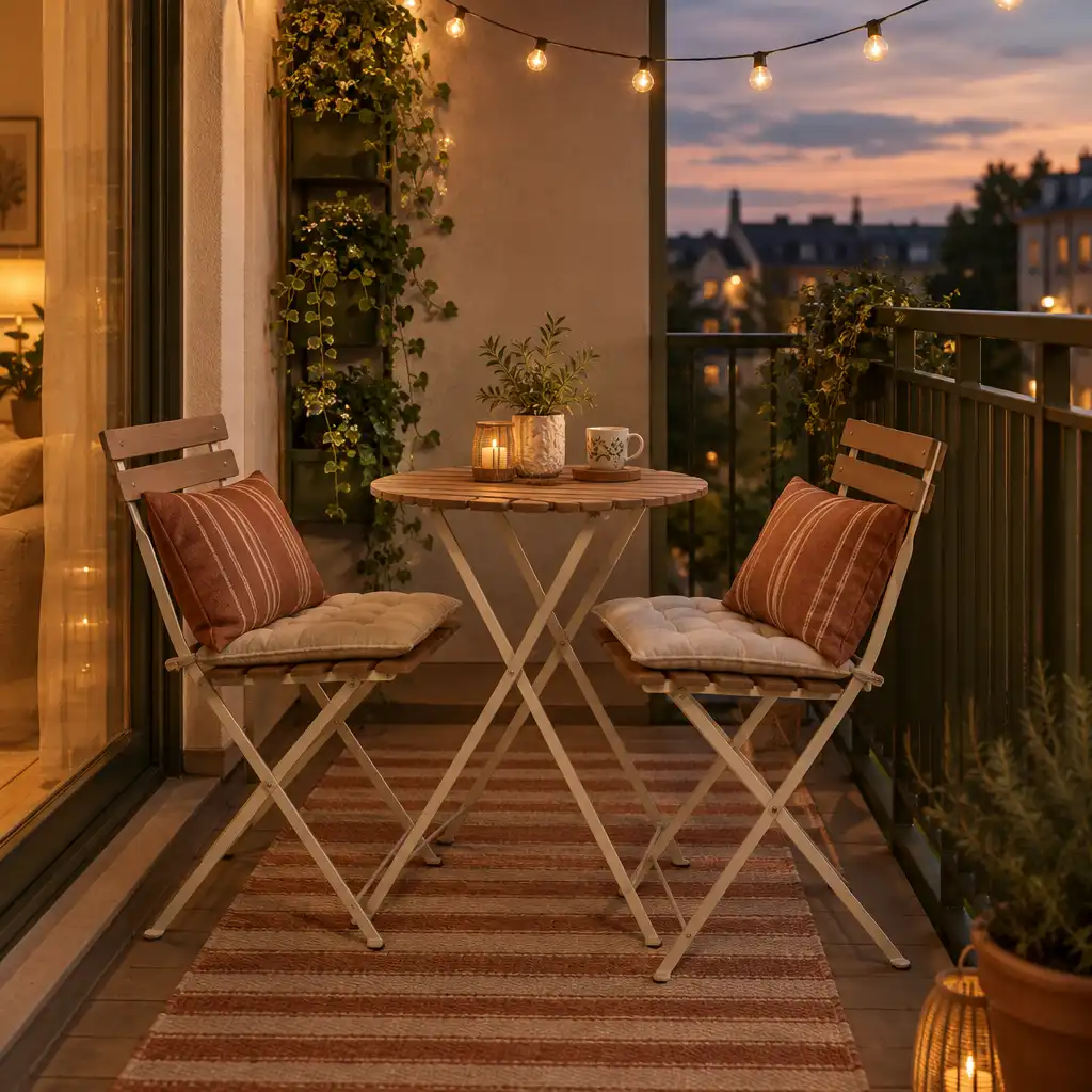 Przytulny mały balkon w stylu Balkoneria ze składanym zestawem bistro, pionową donicą, dywanikiem w kremowo-terakotowe pasy i girlandą świetlną