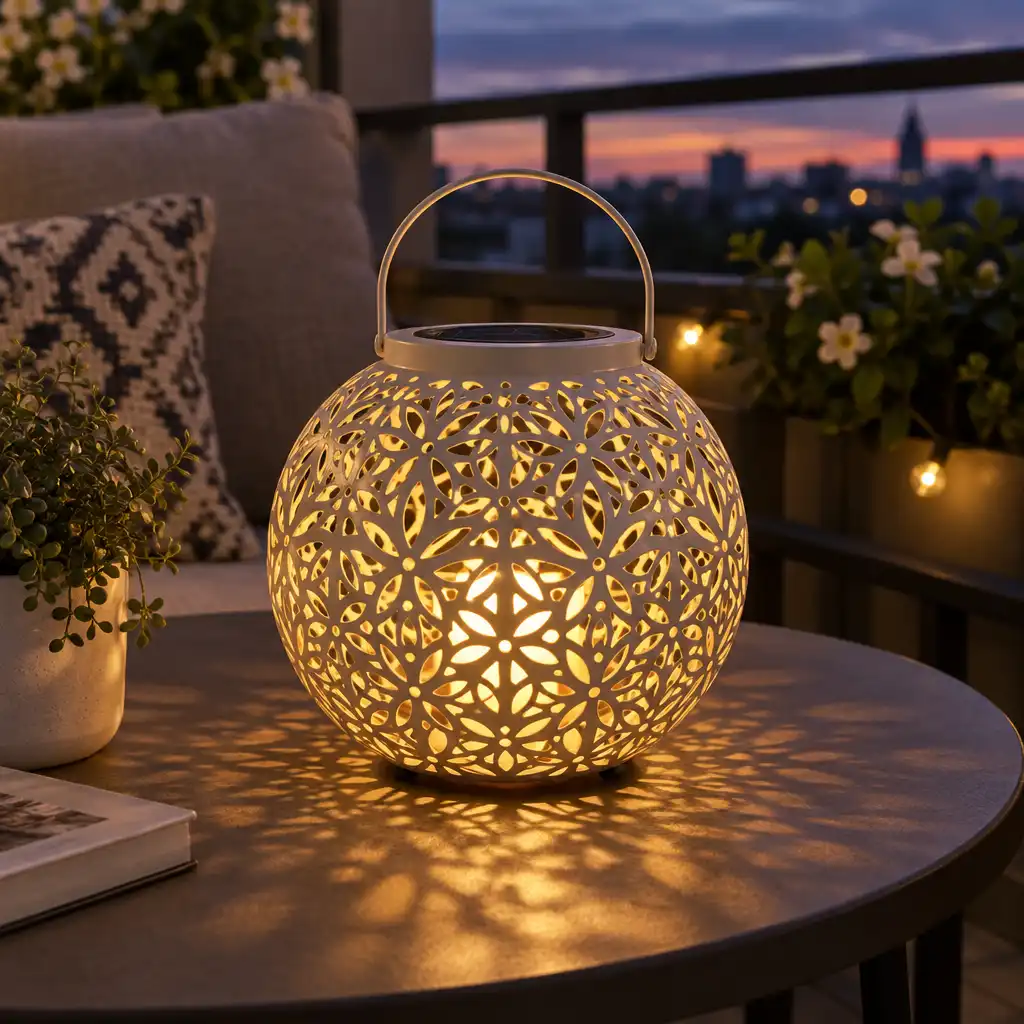 Lampion dekoracyjny w kształcie kuli z ażurowym wzorem na balkonowym stoliku