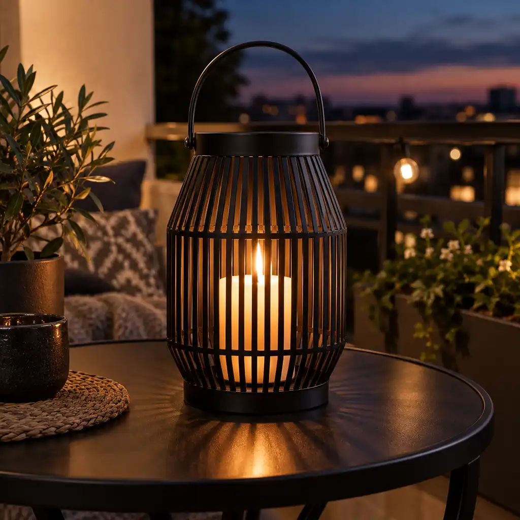 Lampion dekoracyjny Solis 28 cm z metalu w kolorze czarnym ze świecą w środku