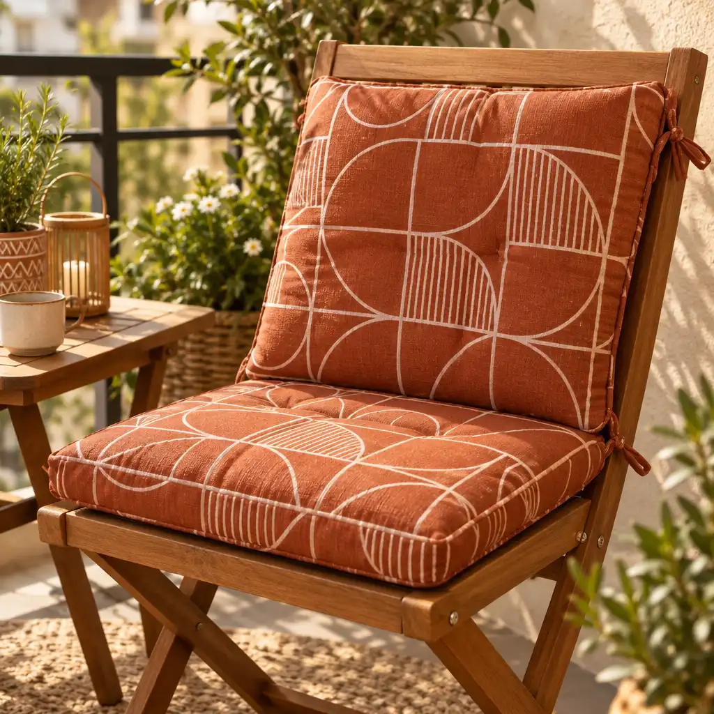 Poduszka outdoor Terra 45 na 45 cm w kolorze terakoty z geometrycznym wzorem